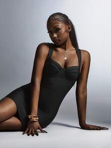 Amplova Đầm hai dây ngắn kiểu corset tối giản gợi cảm màu trơn dành cho nữ - màu đen - Xem 7