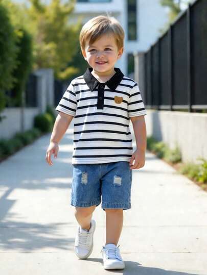 2pcs/Set Young Boy's Minimalist Black & White Striped Knit Fabric Teddy Bear Decor Contrast Color Polo Collar Patch-Up Short Sleeve Top Paired With Elastic Waist Real Denim Shorts Set, Versatile, Suitable For Boys In Spring & Summer Outings, Outdoor Activities, Holidays, Back To School Season