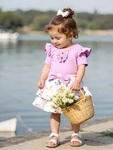 SHEIN 3pcs Baby Girl Sweet Floral Print Bodysuit, Flutter Sleeve Bodysuit, Bowknot Skirt & Headband Set, Summer - Purple - View 3