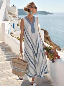 Breezaya Island Vacation V-Neck Long Printed Striped Sleeveless Dress Coastal Dress Boho Dress Women Maxi Casual Dress Greece Vacation Outfits Women - Blue - View 1