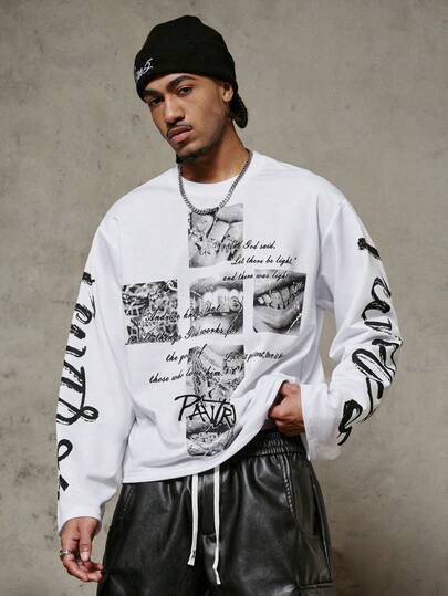 PAVTROS 男士街头风、复古风、时尚T恤、长袖圆领T恤、短款长袖T恤、独特唇印、复古手写字母图案、街头风、个性化、时尚、男女皆宜、中性风、说唱歌手装扮、派对、主题活动、节日礼物、男友礼物、情人节、春夏、Y2K、狂欢节、复古、街头服饰、派对