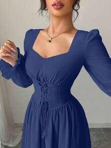 Modelyn Gaun Pesta Panjang Elegan Wanita Warna Polos dengan Ikat Pinggang dan Detail Kerut - Royal Blue - View 3