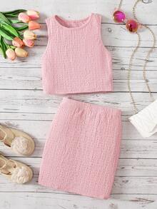 SHEIN 少女针织纹理休闲背心套装 - 淺粉色 - 查看 1