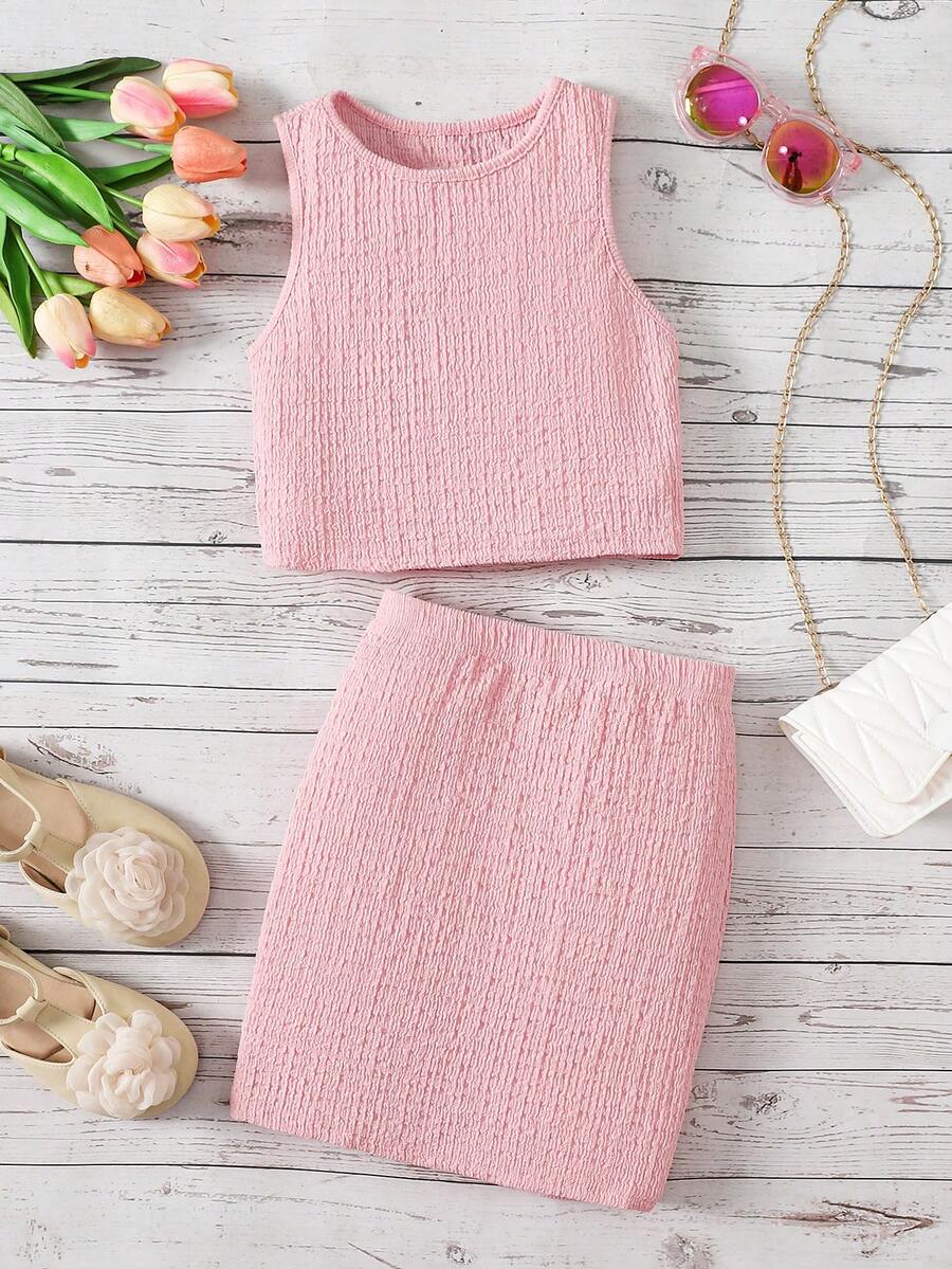 SHEIN 少女针织纹理休闲背心套装 - 淺粉色 - 查看 1