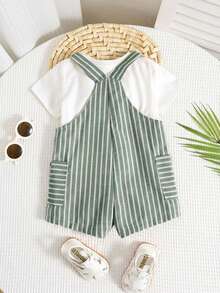 SHEIN Baby Boy Cute Casual Versatile Striped Bib Shorts - Multicolor - View 2