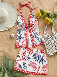 Soleia Conjunto de Praia Feminino 2 Peças, Top Halter com Decote em V e Amarração com Estampa de Estrela-do-Mar e Vida Marinha & Saia de Cintura Baixa, Azul Marinho e Branco, Verão, Boho, Férias, Roupa de Praia - Multicolorido - Visão 1