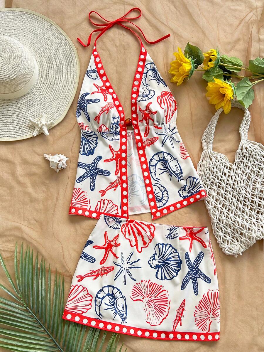Soleia Conjunto de Praia Feminino 2 Peças, Top Halter com Decote em V e Amarração com Estampa de Estrela-do-Mar e Vida Marinha & Saia de Cintura Baixa, Azul Marinho e Branco, Verão, Boho, Férias, Roupa de Praia - Multicolorido - Visão 1