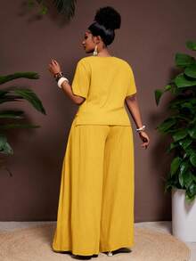 SHEIN CURVE+ Plus Size 2-Piece Set,Mustard Yellow Summer Modest Vacation Crinkle Fabric Crop Top With Structured Fit & Pointed Hem,Elastic Waist Wide Leg Pants Set - Yellow - View 2