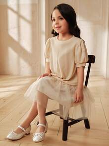 SHEIN 女童纹理针织前扭网拼接A字连衣裙 - 杏色 - 查看 7