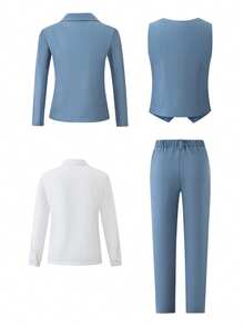 SHEIN Boys Elegant Formal Suit Set, 4 Piece Slim Fit Blazer Vest White Shirt & Trousers For Wedding Prom Graduation Birthday Party Church Performance Spring Summer Fall All Formal Events - Dusty Blue - View 3