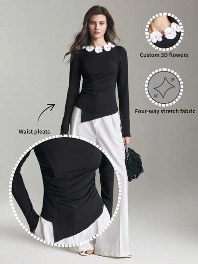 Ontre 女士黑色舒适亲肤弹力修身衬衫，前襟褶裥设计，饰有装饰领和单色点缀，优雅适合婚礼宾客，简约浪漫的法式风情，商务休闲、办公室穿着皆宜，尽显精致都市风范。