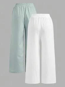 SHEIN EZwear 2件套水洗棉条纹宽松长裤，夏季 - 綠色 - 查看 2