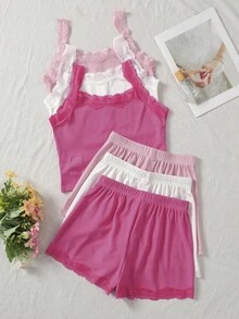 SHEIN Tween女孩休閒簡約舒適純色背心短褲居家服 3色 6件套 - 彩色 - 查看 4