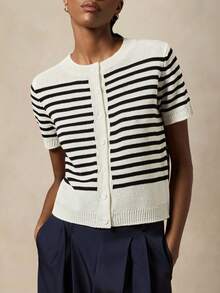 Briarwyn 女士休闲通勤撞色条纹短袖开衫 - 黑與白 - 查看 5