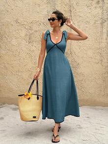 SHEIN Frenchy Đầm midi không tay phối màu dành cho nữ - Màu xanh lam - Xem 5