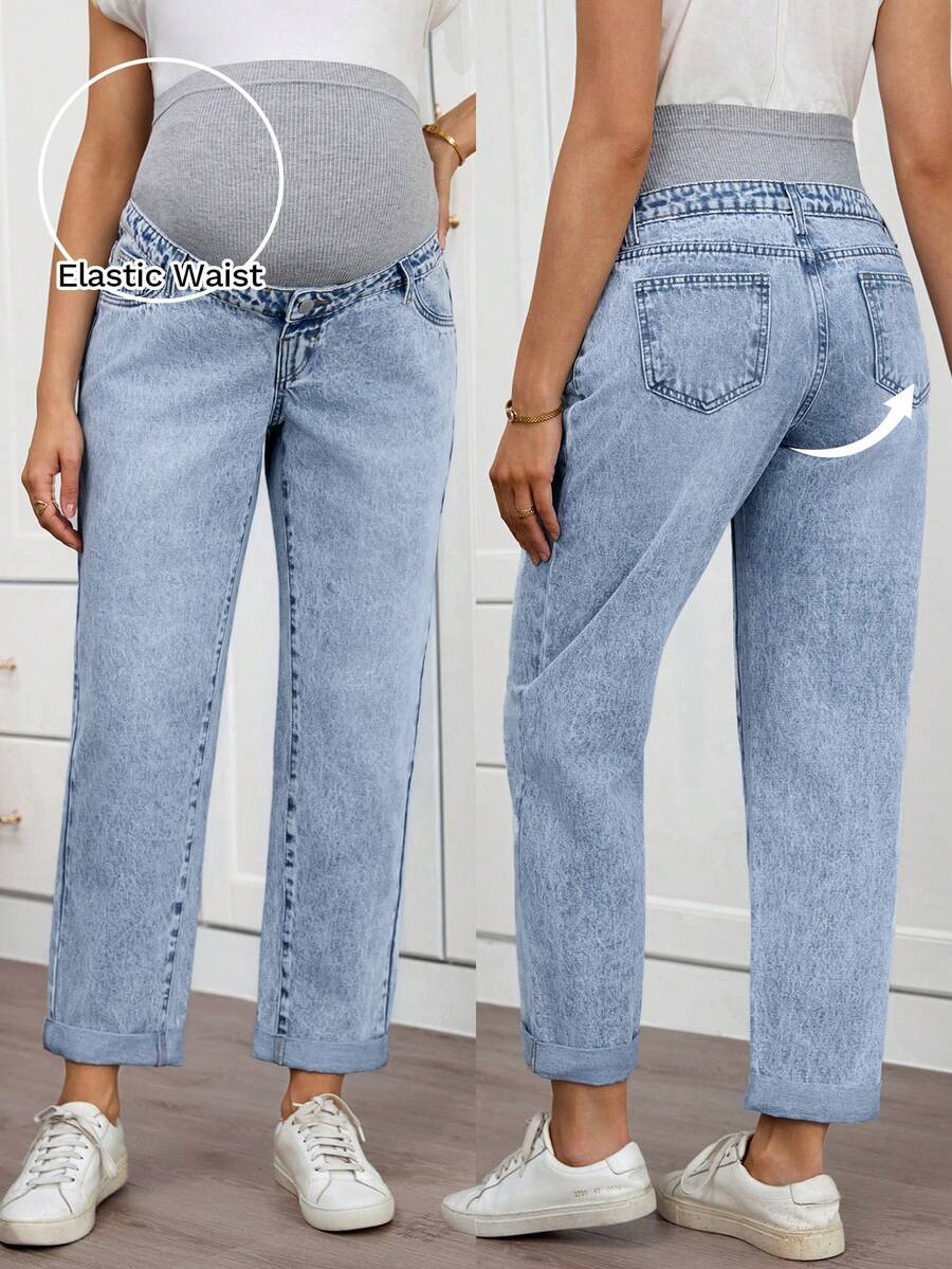 SHEIN Maternity Casual Light Blue High Waist Versatile Daily Jeans - Blue - View 1