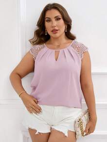 SHEIN Clasi Plus Size Women's Solid Color Keyhole Neck Contrast Lace Raglan Sleeve Elegant Blouse - Lilac Purple - View 3