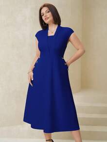 SHEIN Clasi 大码优雅纽扣装饰办公连衣裙 - 寶藍色 - 查看 6