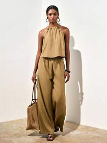 Zivah 春夏新品：音乐节、西部风、游牧风、生日派对、毕业季、学院风、学生装、日常穿搭、百搭基础款、休闲风、度假、邮轮旅行、海滩、海边、日光浴、网红热单、街头风、无袖宽松背心露背吊带上衣搭配宽松阔腿裤，女士褶皱面料休闲优雅两件套 - A - 橄欖綠 - 查看 7