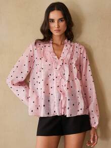 BELROSIE Blusa rosa de manga larga con lunares, con diseño de capas a la moda francesa - Multicolor - Ver 4
