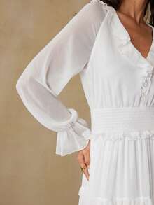 Revavyn Fashionable Layered Ruffle Collar White Bell Sleeve Dress, Palace Style - White - View 5