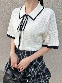 FRIFUL 女士撞色滚边前系结短袖轻薄开衫 - 米色 - 查看 6