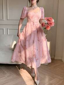 DAZY 法式碎花连衣裙，浪漫复古风夏季吊带裙 - 粉色 - 查看 5