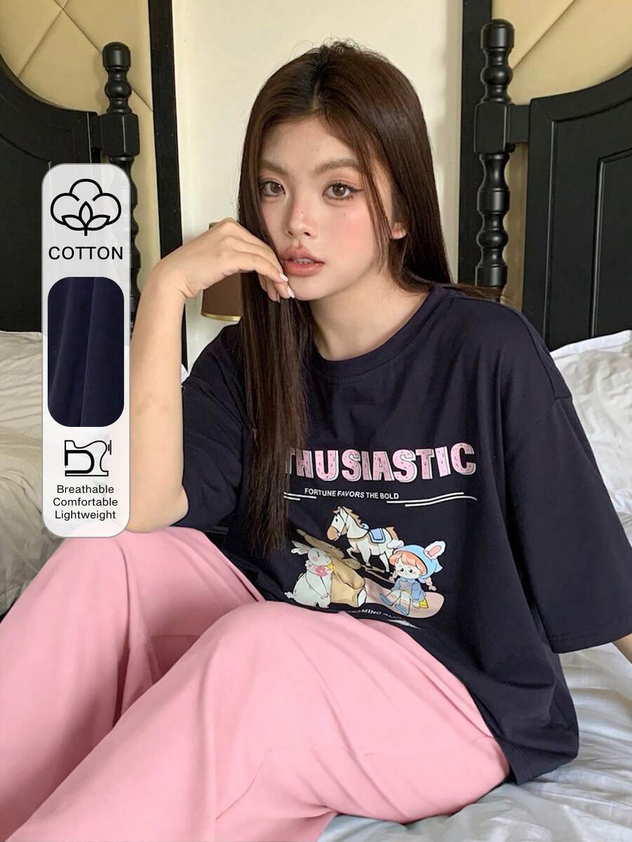 Dazy Plus Plus Size Women Casual Cartoon Print Loose Fit Short Sleeve Top And Solid Color Straight Leg Pants Pajama Set - Pink - View 1