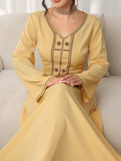 Yasmyna Elegant V-Neck Embroidered Long Sleeve Flared Robe, Formal Gown For Women