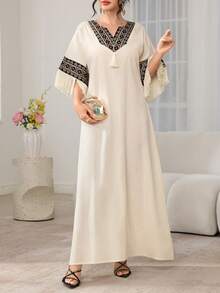 Al Najma New Middle Eastern Vacation Style V-Neck A-Line Long Robe, Turkish Robe - Apricot - View 5