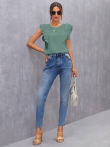 SHEIN Clasi Blusa de primavera con abertura en la espalda y volantes en los brazos para mujer - verde menta - Ver 3
