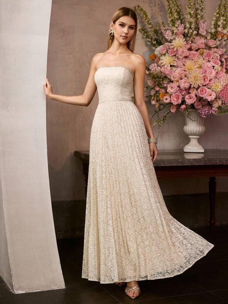 MOTF Soiréza ELEGANT STRAPLESS MAXI PARTY DRESS FOR WOMEN | RHINESTONE EMBELLISHED NECKLINE, PLEATED DRESS IN DELICATE LACE FABRIC, BODYCON FIT FOR NEW YEAR EVENING EVENTS, FORMAL PARTIES & COCKTAIL CELEBRATIONS,SUMMER PARTIES, WEDDINGS, GALAS | STYLE WITH STRAPPY HEELS, DELICATE JEWELRY & CLUTCH BAG
