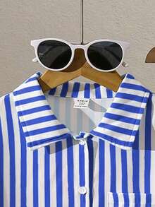 SHEIN Tween Girls' Casual Striped Shirt & Pants T-Shirt Set, Suitable For Vacation, Outing, School, Style - Blue - View 7