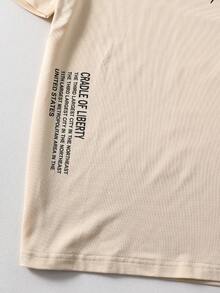 1件青少年男童休闲T恤，宽松圆领短袖，白色，印有字母和图案，适合日常穿着，波士顿EST1997英文印花，夏季时尚上衣 - 杏色 - 查看 4