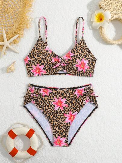 豹纹花卉比基尼套装，适合少女，夏季海滩度假