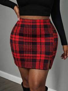 SHEIN PETITE CURVE 加大码格纹开衩修身半身裙 - 酒紅色 - 查看 7