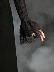 ROMWE Goth 哥特风蜘蛛网蕾丝泡泡袖修身A字长裙 - 黑色 - 查看 5