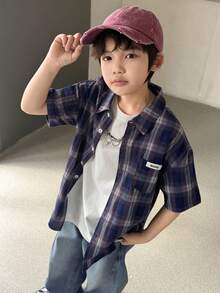 DAZY 男童字母贴布印花短袖单排扣休闲口袋衬衫（夏季款） - 藍色 - 查看 7