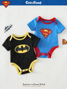 SUPERMAN X Cozy Pixies 2pcs Set Romper Bayi Perempuan Baru Lahir Motif Blok Warna Rajut Lembut Leher Bulat Lengan Pendek, Anak-anak - MultiWarna - View 7
