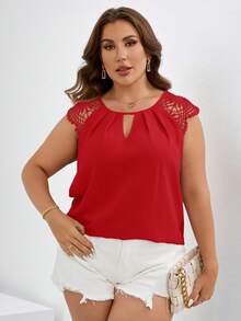 SHEIN Clasi Plus Size Women's Elegant Solid Color Notched Neck Blouse, Summer - Red - View 3