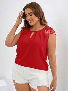 SHEIN Clasi Plus Size Women's Elegant Solid Color Notched Neck Blouse, Summer - Red - View 4
