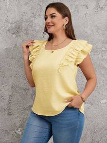 SHEIN Clasi Square Neck Double Layer Cap Sleeve Shirt With Bow Decor At Back - Cream - View 3