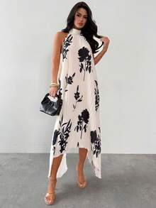 Firerie 女士优雅简约精致浪漫度假约会节日派对露背系带印花褶皱面料不对称下摆宽松A字长裙 - 杏色 - 查看 5