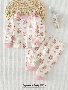 Cozy Pixies 新生女宝宝卡通熊图案针织柔软圆领长袖上衣和松紧腰裤两件套 - 粉色 - 查看 5