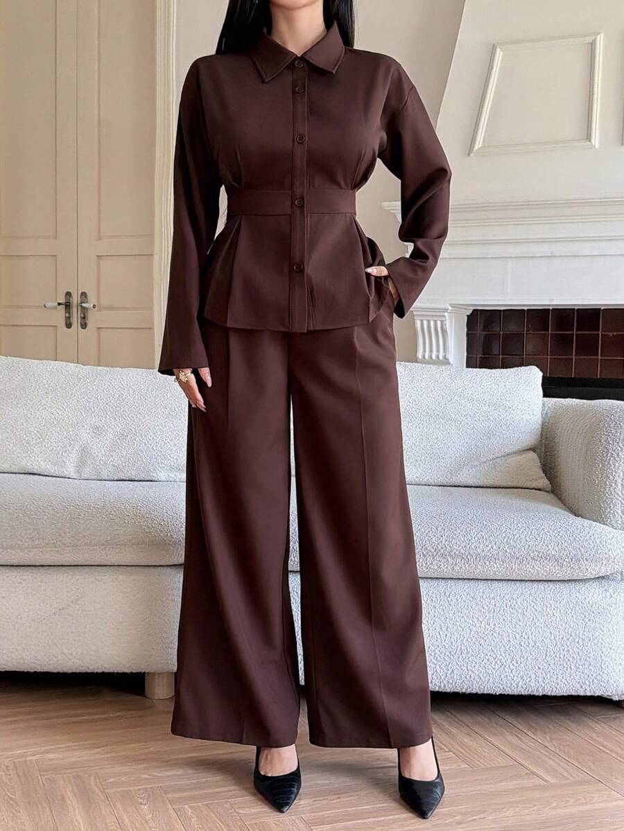 DAZY 2pcs Women Casual Collared Waist Top And Pants Set - Coffee Brown - View 1