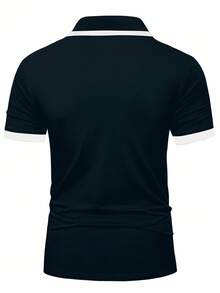 Manfinity Mode Áo Polo nam tay ngắn phối màu tương phản, kiểu dáng thường ngày, thích hợp đi làm. - Màu xanh hải quân - Xem 2