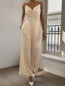 DAZY Damen eleganter einfarbiger ärmelloser Romper mit weitem Bein, Sommer Romper - Beige - Übersicht 6