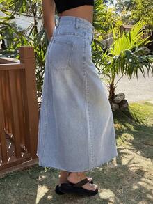 Livesso Spring & Summer Washed Distressed High Slit Straight Casual Beach Vacation Denim Skirt For Women - Medium Wash - View 3