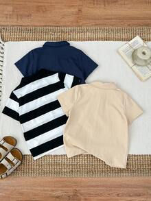 3件套男童休闲条纹短袖polo衫、衬衫、针织上衣套装，春夏款 - 黑與白 - 查看 2