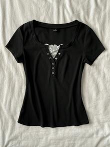 Attitoon Áo thun ôm sát nữ kiểu dáng thường ngày, phối ren, phong cách vintage, grunge, Y2K. - màu đen - Xem 4